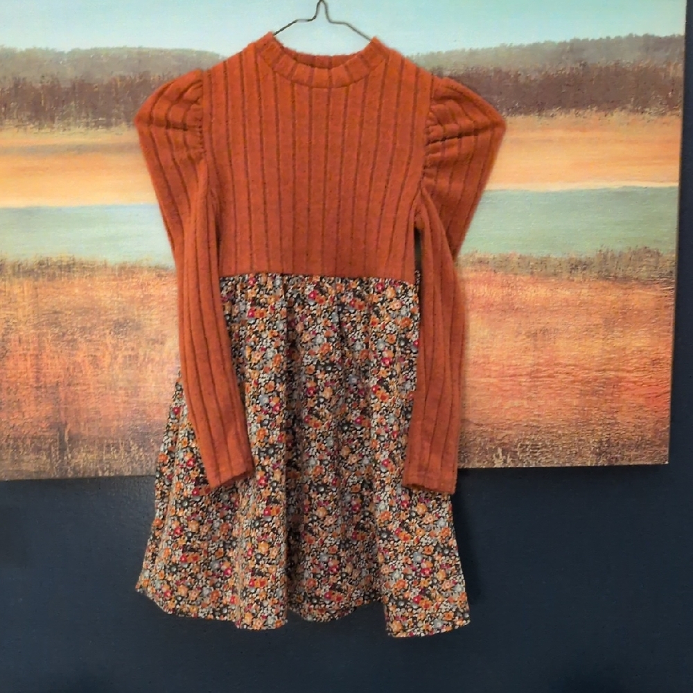 Rust Orange Knit Bodice Floral Skirt Kids Dress